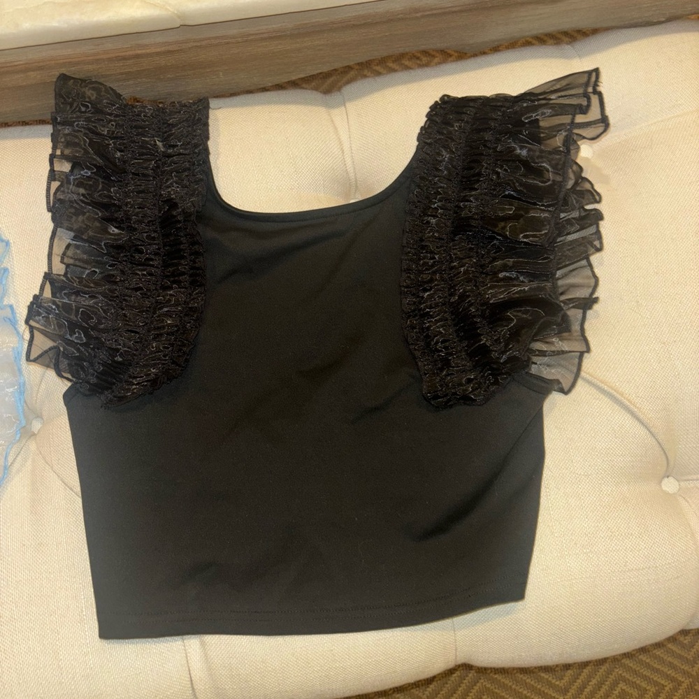 Elegant Black Ruffle Sleeve Crop Top